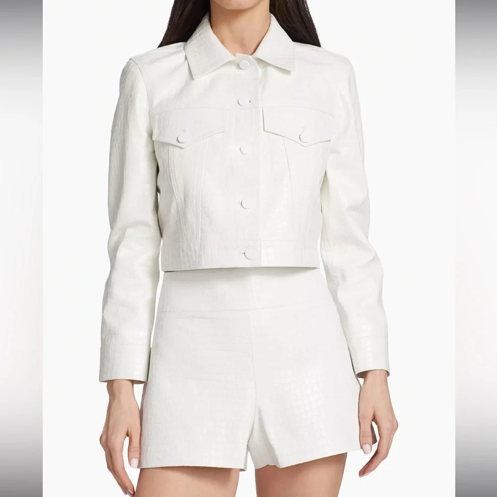 Alice + Olivia Chloe White Croc-Effect Faux Leather Crop Jacket Size XL NWT - Picture 5 of 16